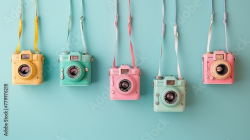 Colorful Vintage Cameras Hanging on Pastel Background - Photography Concept
