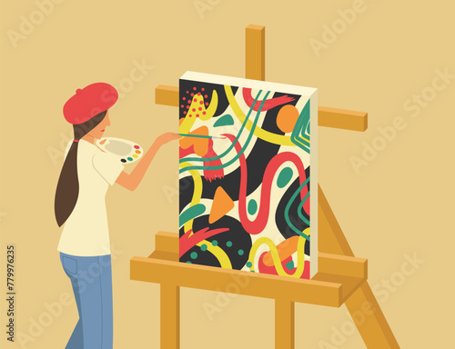 Vector artist woman painting on canvas background.