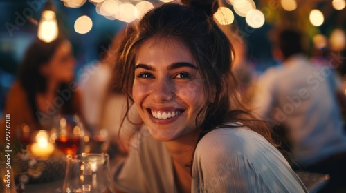 Radiant Smile of Young Woman Enjoying Evening Outdoors