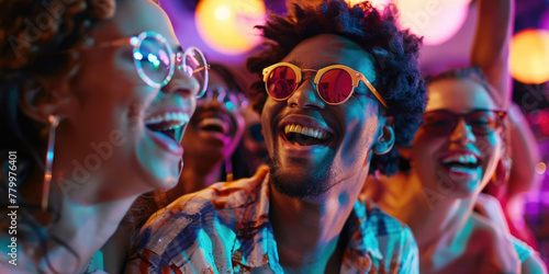 A group of people are smiling and laughing at a party. The man in the center is wearing sunglasses and has a big smile on his face. The woman on the left is wearing a pair of earrings