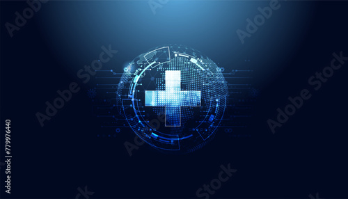 world and Health Plus On a blue background, the concept of health, self-care On digital background. Futuristic