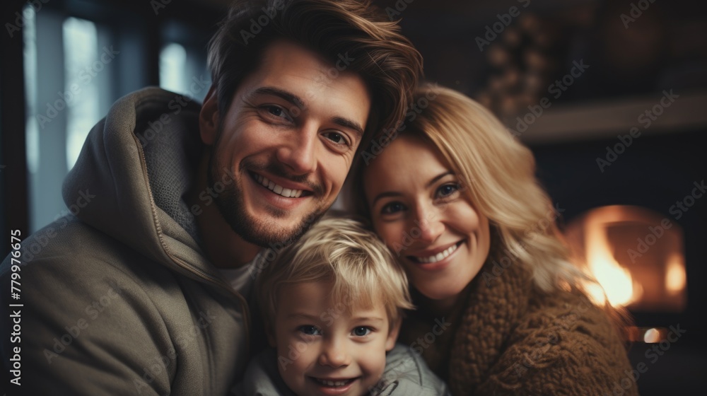 Happy Family Embracing by Fireplace - Warm Indoor Bonding Moment