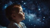 Fantasy a cute baby watching beautiful starry night sky dreamy. AI generated image