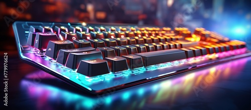 Close-up black gaming keyboard with rgb backlight creating 3d render background luminous rainbow effect. photo