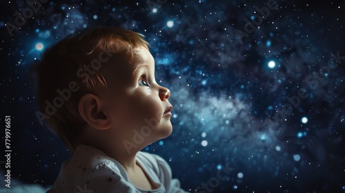 Fantasy a cute baby watching beautiful starry night sky dreamy. AI generated image