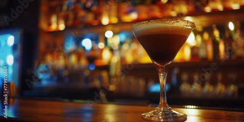 A martini glass with a brown liquid in it sits on a bar counter. The bar is dimly lit  creating a cozy atmosphere
