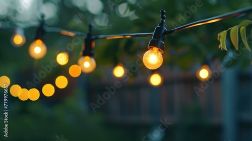 A string of lights with a yellow glow. The lights are hanging from a fence. The lights are lit up and create a warm and inviting atmosphere