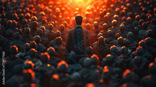 Lone Individual Standing Amongst a Sea of People at Sunset photo