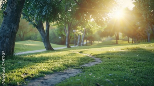 A path in a park with trees and grass. The sun is shining brightly, creating a warm and inviting atmosphere