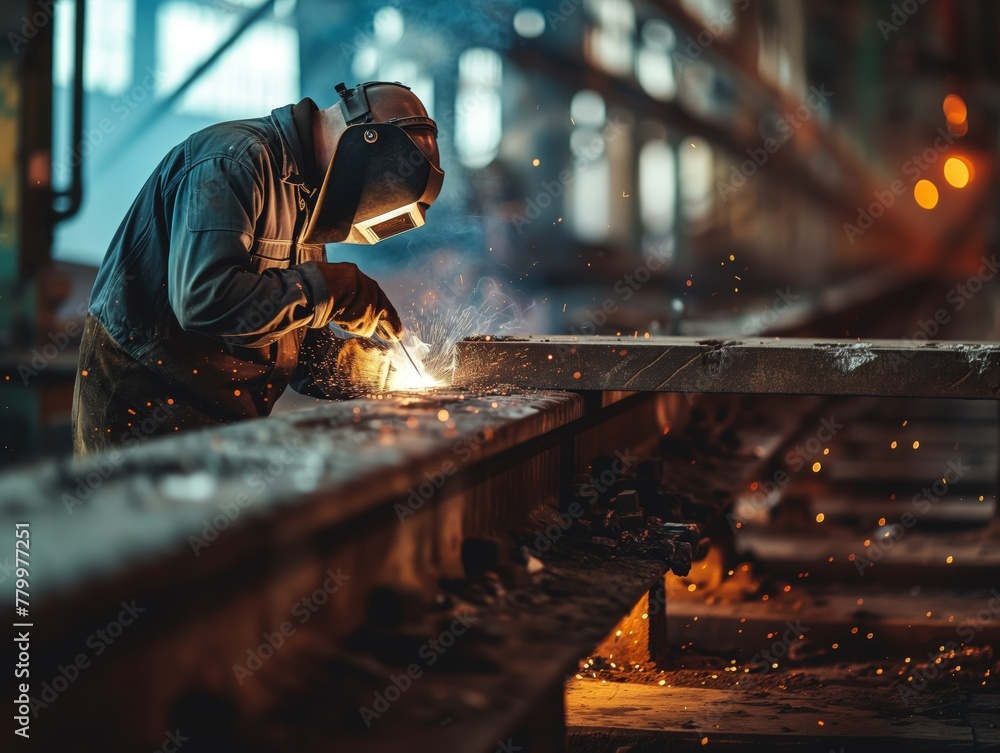 Man is working at metal factory, he is welding a piece of rail using special tools Man is working at metal factory, he is welding a piece of rail using special tools