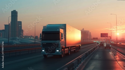 Panoramic a truck cargo vehicle transportation on the city highway at evening scene. AI generated