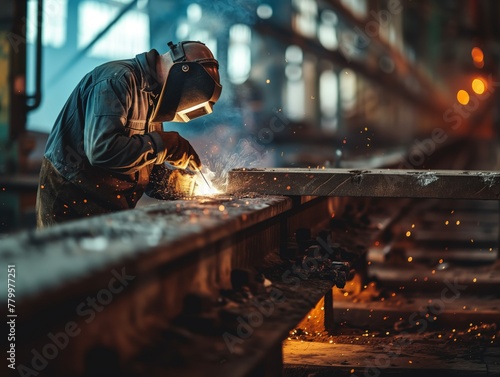 Man is working at metal factory, he is welding a piece of rail using special tools