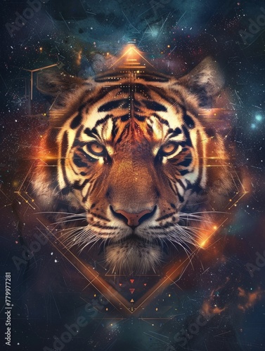 Enigmatic Tiger Face with Cosmic Lights - Artistically designed with rich colors, the cosmic tiger stares out, surrounded by celestial lights and geometric outlines