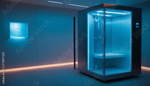 Modern and sleek shower pod with blue lighting in a minimalist bathroom setup, emphasizing contemporary home design