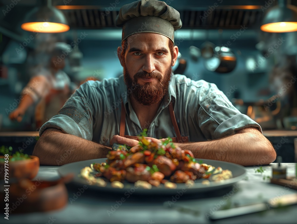A chef is posing with a plate of food in front of him. The plate is filled with various types of food, including meat and vegetables. The chef is wearing a white apron and a hat