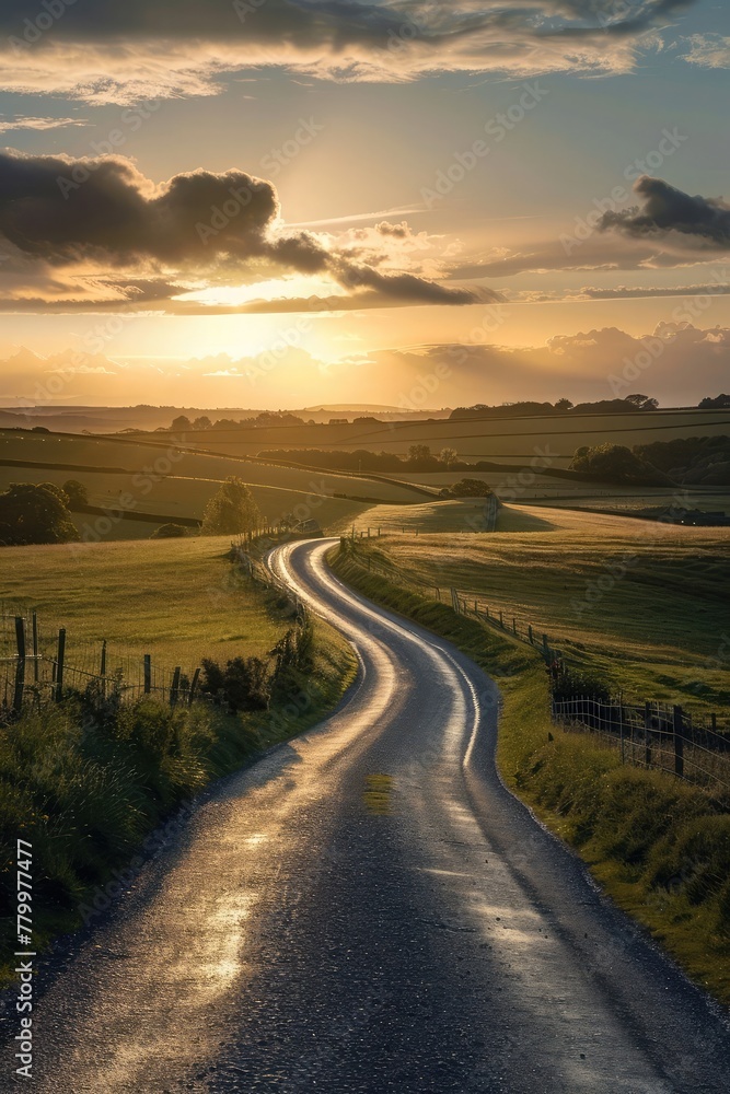 A serene countryside with a winding road leading towards a bright horizon, evoking the peace of mind provided by term life insurance