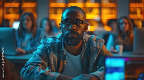 Focused African American Man Attending Business Workshop in Modern Office