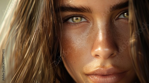 Close-Up of Woman with Sunlit Freckled Skin and Intriguing Gaze photo