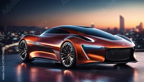 Sleek concept car with a futuristic design, glowing headlights, and a reflective surface, set against a cityscape at twilight.