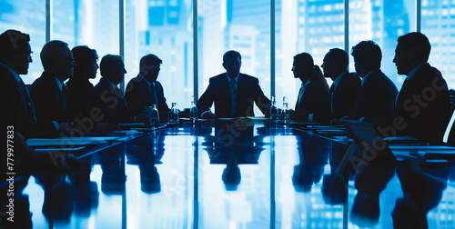 Corporate Executives in Strategy Meeting at Dawn. Silhouettes of corporate executives gathered around a boardroom table, discussing strategy in the early morning light, photo