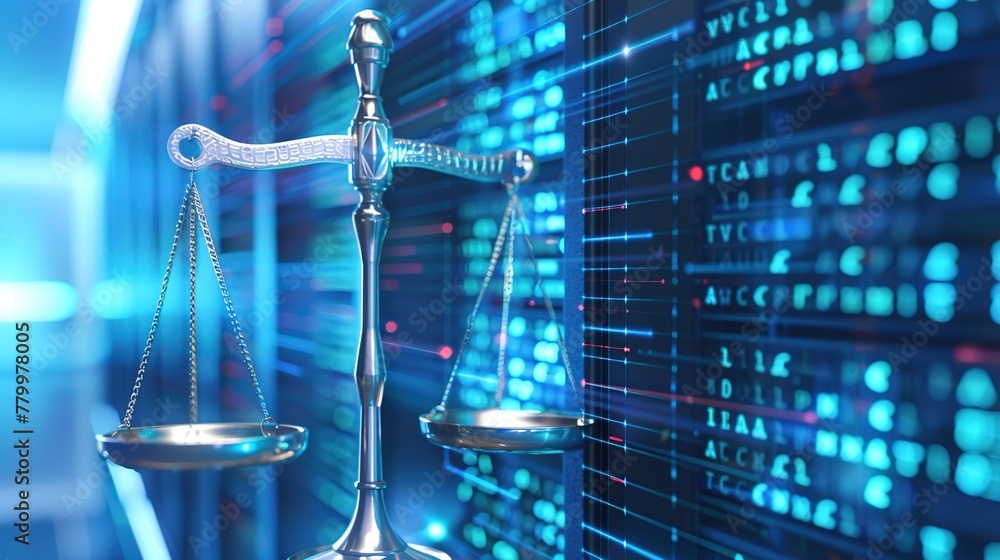 Scales of justice and digital data on background with blue color code, symbolizing law technology concept