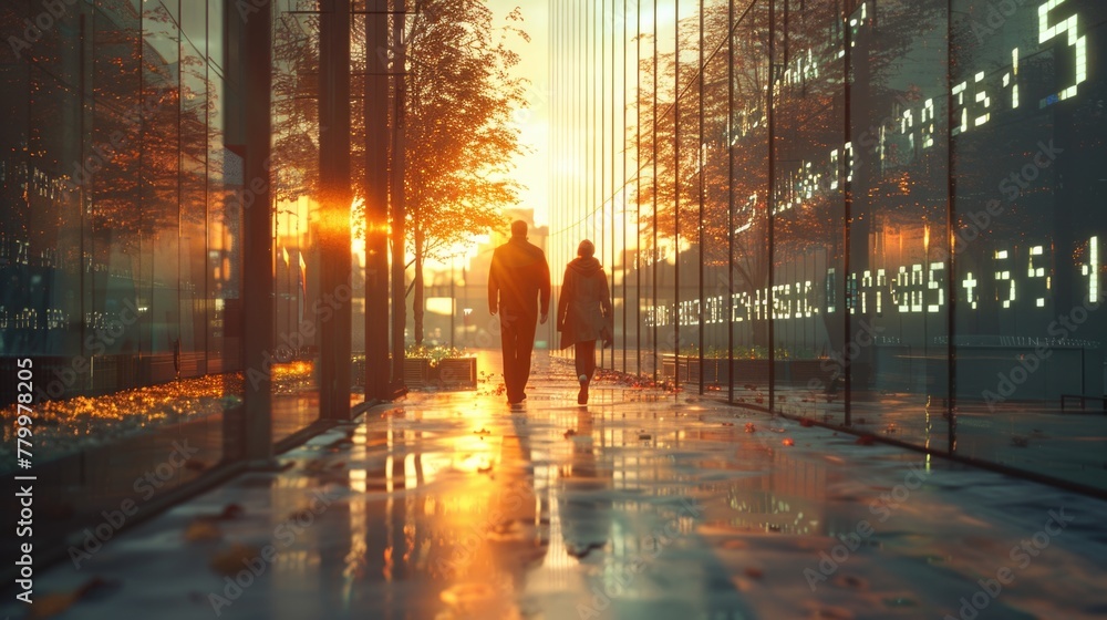 Golden Hour Romance: Couple Walking in Urban Sunset