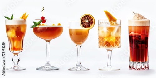 A row of five different types of drinks in glasses. The drinks are in various shapes and sizes, and they all have different garnishes. The drinks are arranged in a row