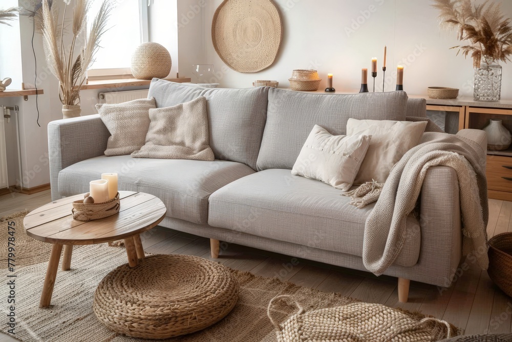 Modern boho interior with candles and crochet pillow cases. Modern boho interior with candles and crochet pillow cases.