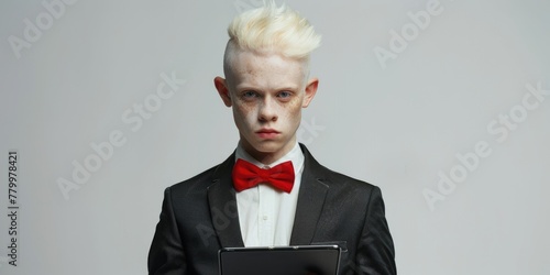 A young man in a suit and bow tie is holding a clipboard. Concept of formality and professionalism, as the young man is dressed in a suit and tie