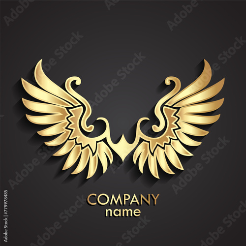 3d gold ornamental wings symbol, shiny metal logo