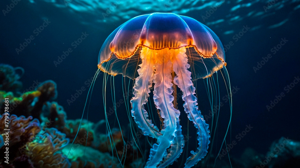 Naklejka premium Glowing jellyfish swim deep in blue sea. Medusa neon jellyfish fantasy in space cosmos among stars. 3d render