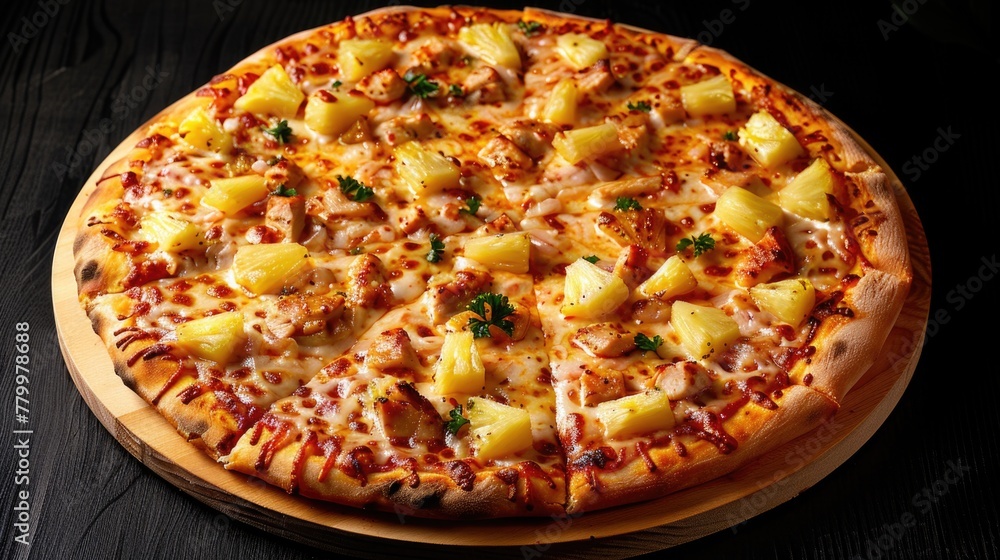 A pizza with pineapple and chicken toppings sits on a wooden board. The pizza is covered in cheese and has a crispy crust. Concept of indulgence and satisfaction, as the pizza looks delicious