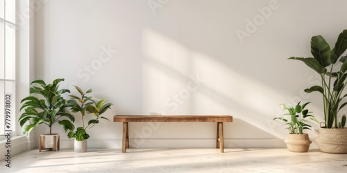 A white room with a wooden bench and potted plants. The room has a clean and minimalist look, with the white walls and wooden bench creating a simple and calming atmosphere