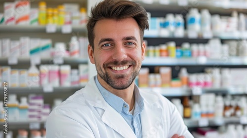 A smiling man in a white lab coat stands in front of a pharmacy. He is posing for a picture, and the pharmacy is filled with various bottles and containers © vefimov