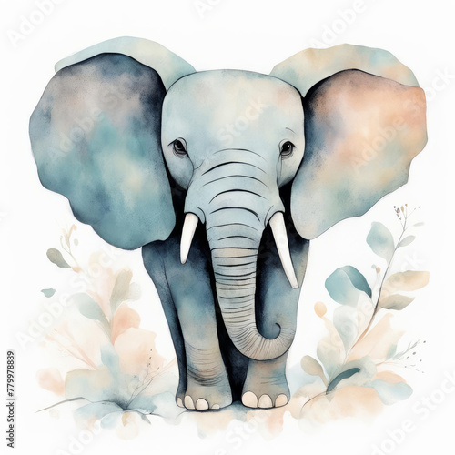 An elephant among the flowers, illustration for children book, storybook, birthday card, invitation, poster etc. 