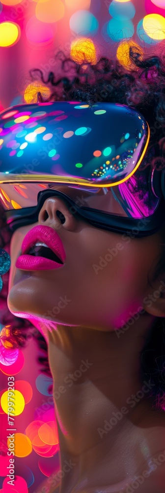 Fototapeta premium Young African-American Woman Experiencing Virtual Reality in Vibrant Neon Setting