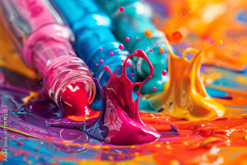 A bottle of nail polish is splattered with paint, creating a colorful