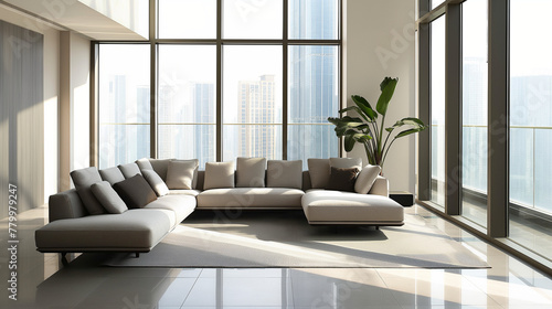 A sleek living room featuring a monochromatic color scheme  with a single  striking modern sofa as the focal point. Floor-to-ceiling windows provide abundant natural light  casting