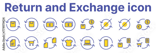 This set of linear icons presents various aspects of finance and the exchange of goods or currency. A round arrow indicates an exchange or return.