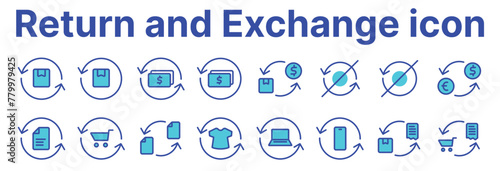 This set of linear icons presents various aspects of finance and the exchange of goods or currency. A round arrow indicates an exchange or return.