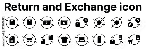 This set of linear icons presents various aspects of finance and the exchange of goods or currency. A round arrow indicates an exchange or return.
