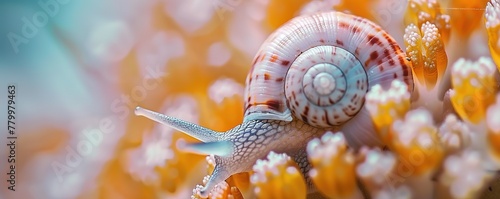 A close-up of a snail on a vibrant, colorful surface, showcasing organic patterns and textures.