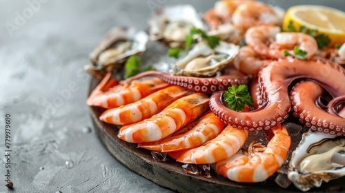 A plate of seafood including shrimp, oysters, and octopus. The plate is on a wooden surface and is garnished with parsley photo