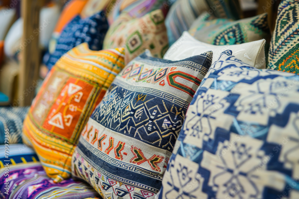 A collection of colorful pillows with various patterns and designs