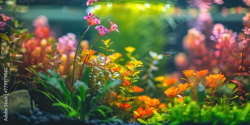 A colorful aquarium with a variety of plants and a fish swimming in it. The plants are of different colors and sizes, creating a vibrant and lively scene. The fish adds a sense of movement