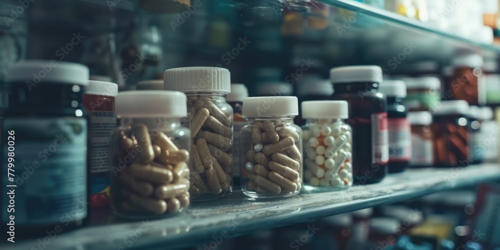 A shelf full of medicine bottles, including some that say 