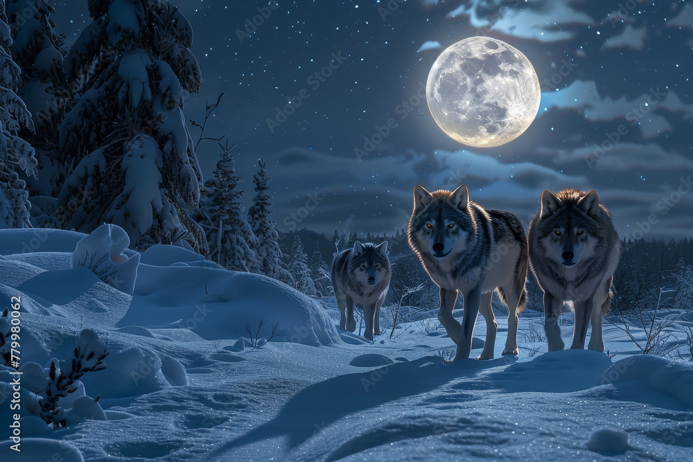 Naklejka premium Three wolves are walking in the snow, with a full moon in the background