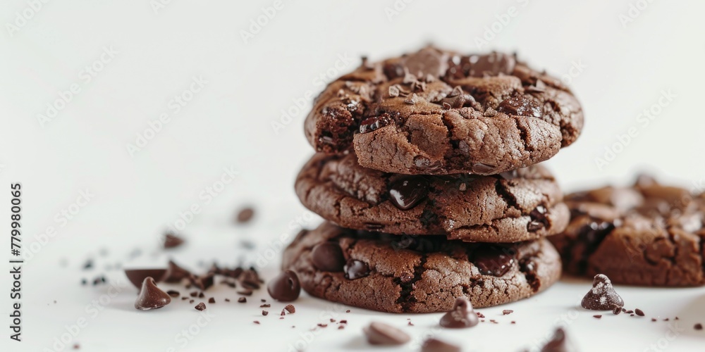 Three chocolate chip cookies stacked on top of each other with chocolate chips scattered around them. Concept of indulgence and comfort, as the cookies are a popular treat for many people