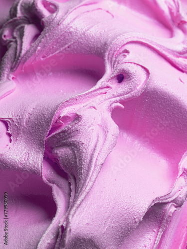 Frozen creamy bubble gum flavour gelato - full frame detail. Close up of a pink surface texture of Ice cream.