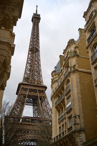 Eiffel Tower in Paris seen from side streets